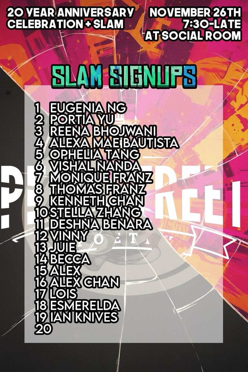 Уже года полтора не принимал участия в поэтических слэмах, но планирую выступить в Гонконге в следующую среду.

Если вы случайно пробегаете рядом, то жду.