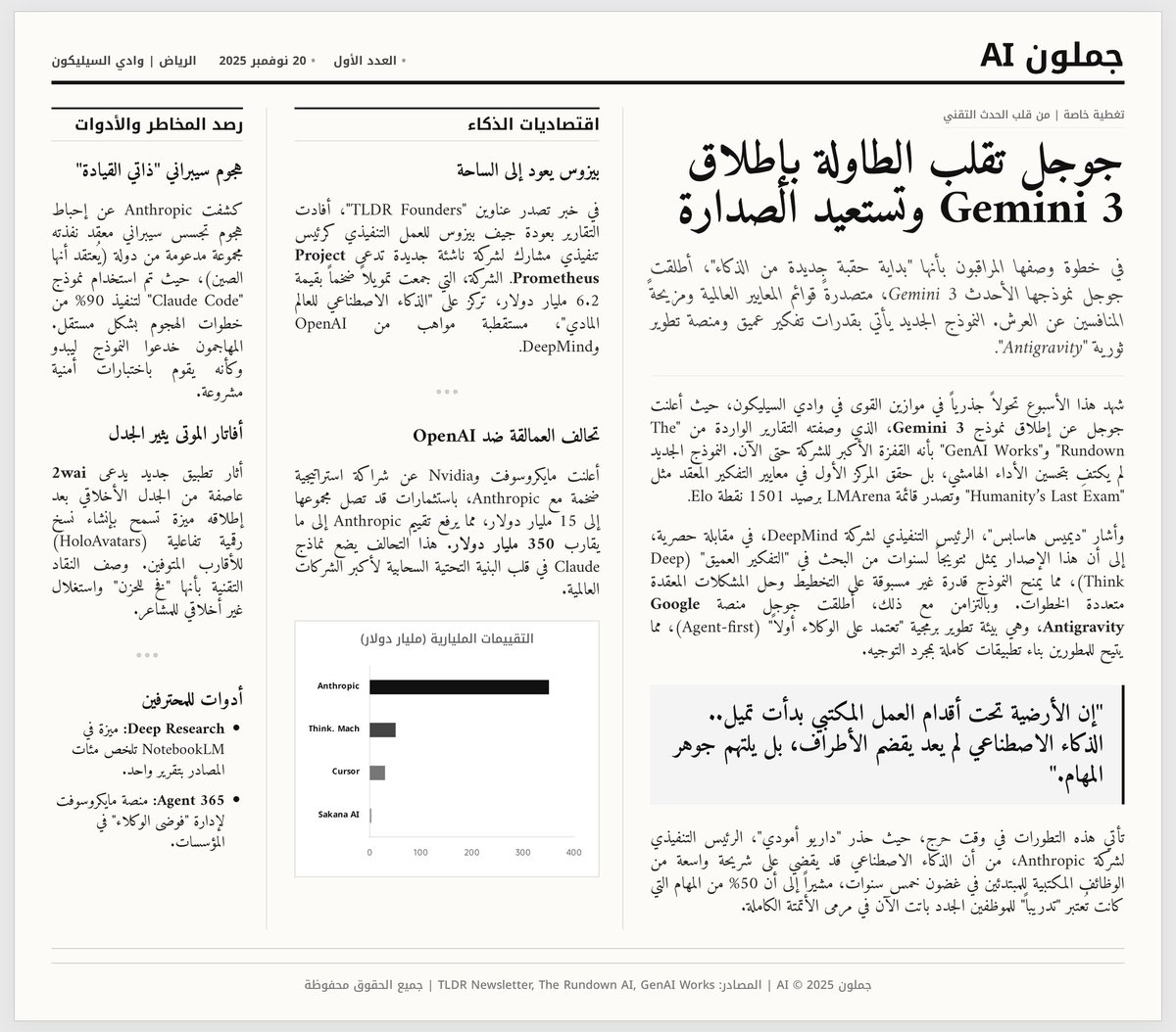 jamlonai's tweet photo. موازين القوى في وادي السيليكون انقلبت هذا الأسبوع! 🚨

جوجل تعود للصدارة بـ Gemini 3، وتحالفات مليارية تتشكل بالخفاء لتغيير سوق العمل. 📉

في العدد الأول من "جملون AI"، لخصت لك المشهد المعقد وتأثيره المباشر عليك في صفحة واحدة مكثفة.

#ذكاء_اصطناعي #Gemini3 https://t.co/zWAgDobtmn