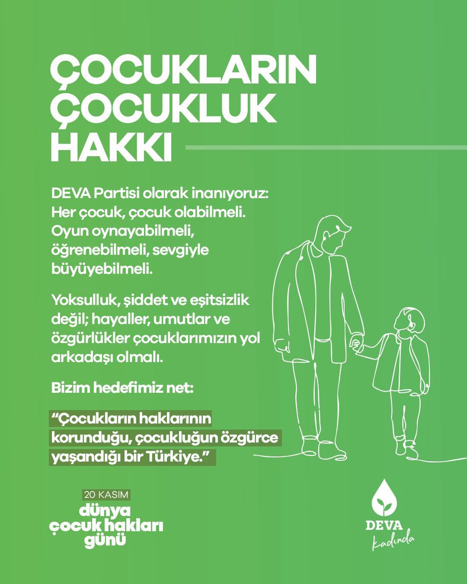 Her çocuk; eşit, özgür ve güvende yaşama hakkına sahiptir.
20 Kasım Dünya Çocuk Hakları Günü, bize sadece bir takvimi değil; sorumluluğumuzu, vicdanımızı ve geleceğimizi hatırlatır.

Biz, çocukların sesinin duyulduğu bir Türkiye için çalışmaya devam edeceğiz..

#devakadında