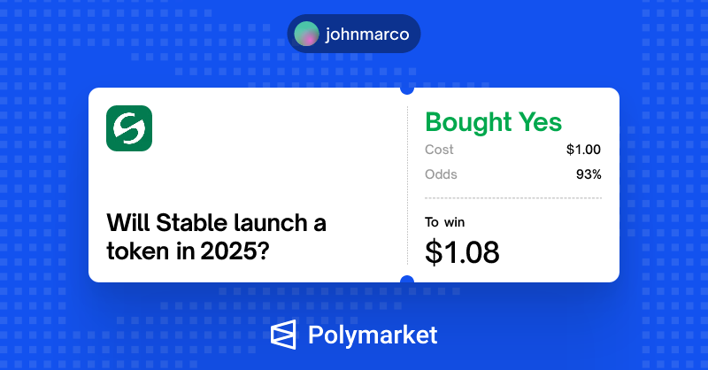 will stable launch a token in 2025?

Definitely yes.

<a href="/Polymarket/">Polymarket</a> <a href="/PolymarketTrade/">Polymarket Traders</a> <a href="/BrosOnPM/">Polymarket Bros</a>