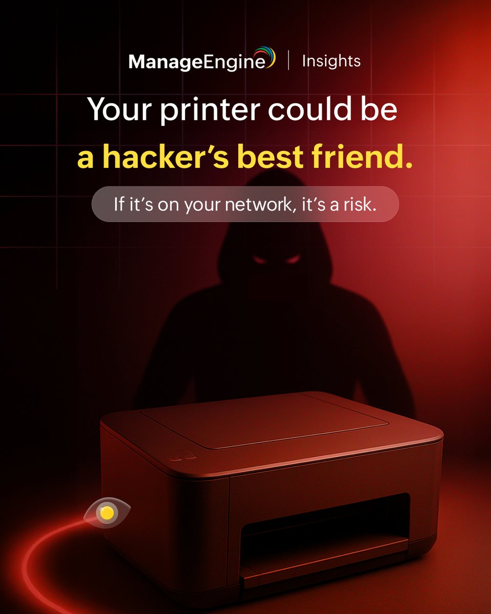 manageengine's tweet image. Printers are often forgotten in cybersecurity, but they’re smarter and riskier than ever.
If it’s connected, it’s vulnerable. Secure the machines nobody’s watching. zurl.co/lTYxw

#CyberSecurity #PrintSecurity #ManageEngineInsights #TechInAMinute