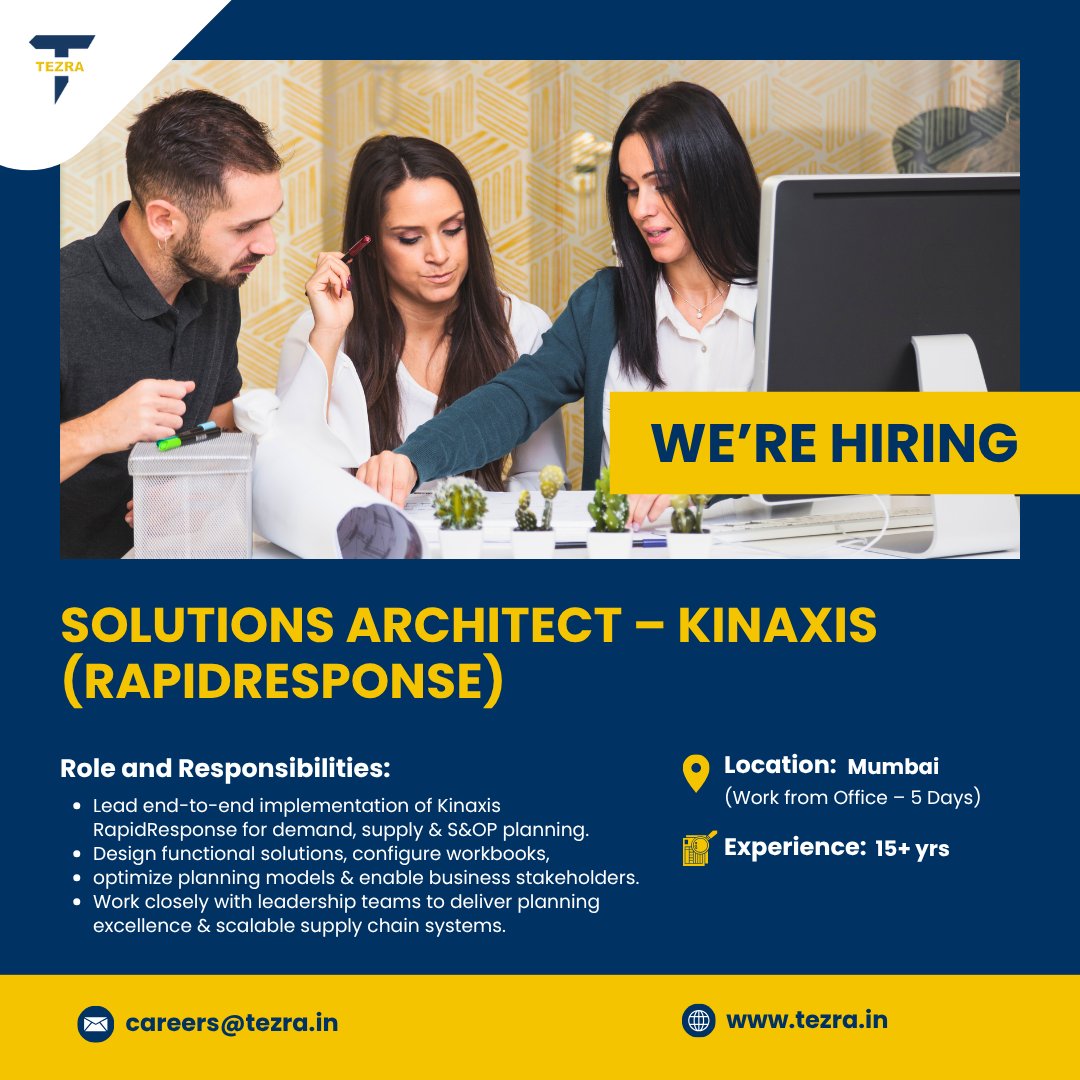 Tezrarecruiter's tweet image. 🚀 We’re #Hiring: Solutions Architect – Kinaxis (RapidResponse) 🚀
📍 Location: Mumbai
📅 Experience: 15+ yrs
#Hiring #SolutionsArchitect #Kinaxis #RapidResponse #SupplyChain #SupplyChainPlanning #DemandPlanning #SupplyPlanning #SOP #SOPPlanning #SCM #TechJobs #MumbaiJobs