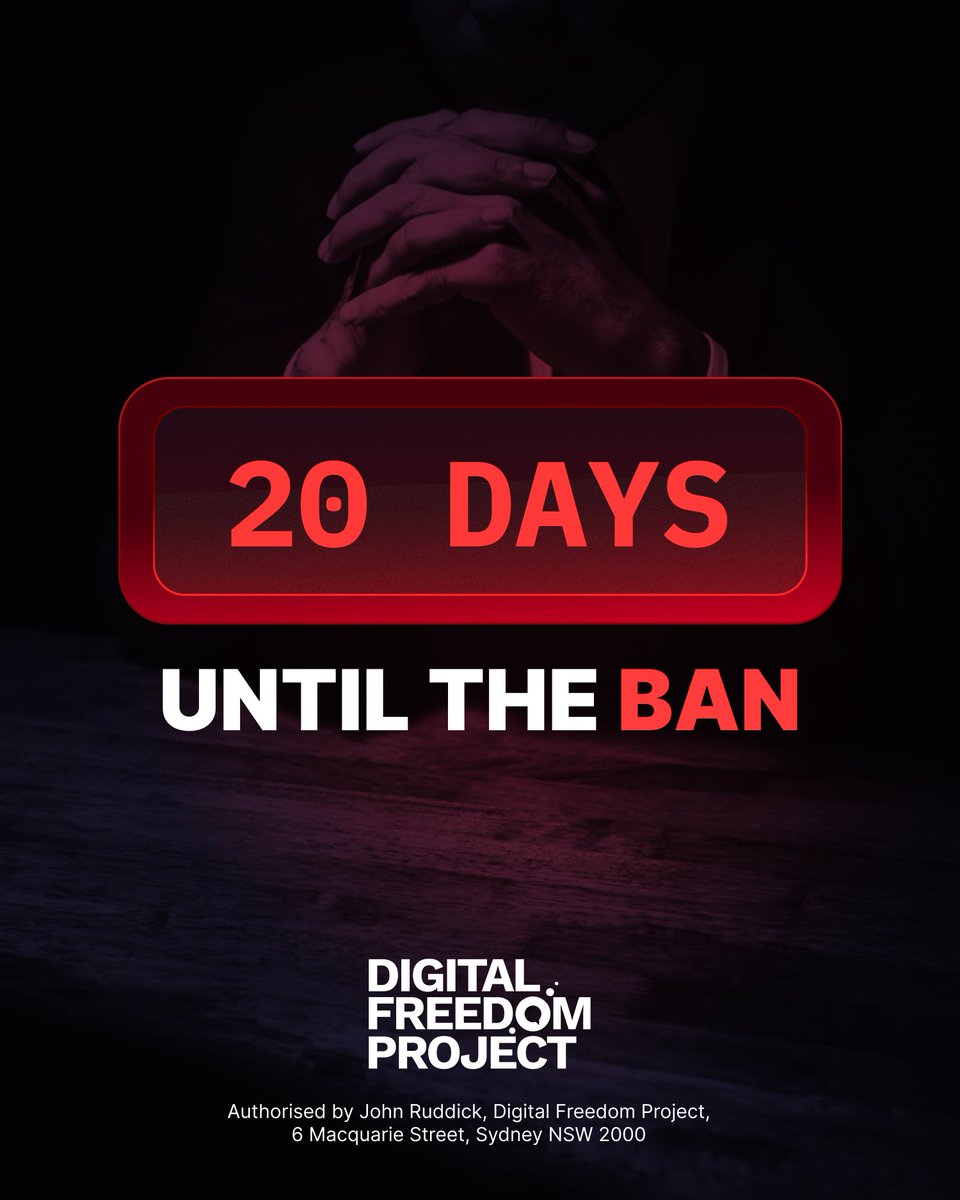 thedfp_au's tweet image. 20 days until the government bans everyone under the age of 16 from social media. By doing this, the government has striped parents of the right to decide when their children are ready for social media and the right of young people to communicate online. 

Make your voice heard…