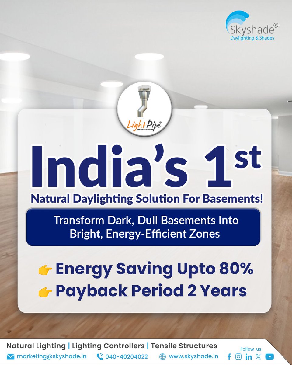 skyshade__'s tweet photo. Brighten Your Basement! Discover how Skyshade’s LightPipe Technology transforms dark, unused basements into bright, energy-efficient spaces!

🌐 https://t.co/87ZX6ko0Vi

#Skyshade #LightPipe #NaturalLighting #EnergySaving #GreenBuildings #CommercialLighting #India https://t.co/mQwQxaX027