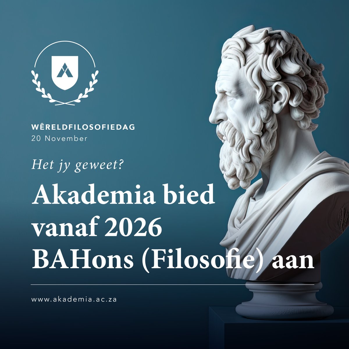 Vandag is #Wêreldfilosofiedag. Akademia het onlangs die opwindende nuus bekendgemaak dat BAHons (Filosofie) vanaf 2026 nauurs oor afstand aangebied sal word. Kom kuier aanlyn saam met die Akademia-span op Woensdag 26 November om 18:00. Registreer hier: akademia.ac.za/inligtingsessi…