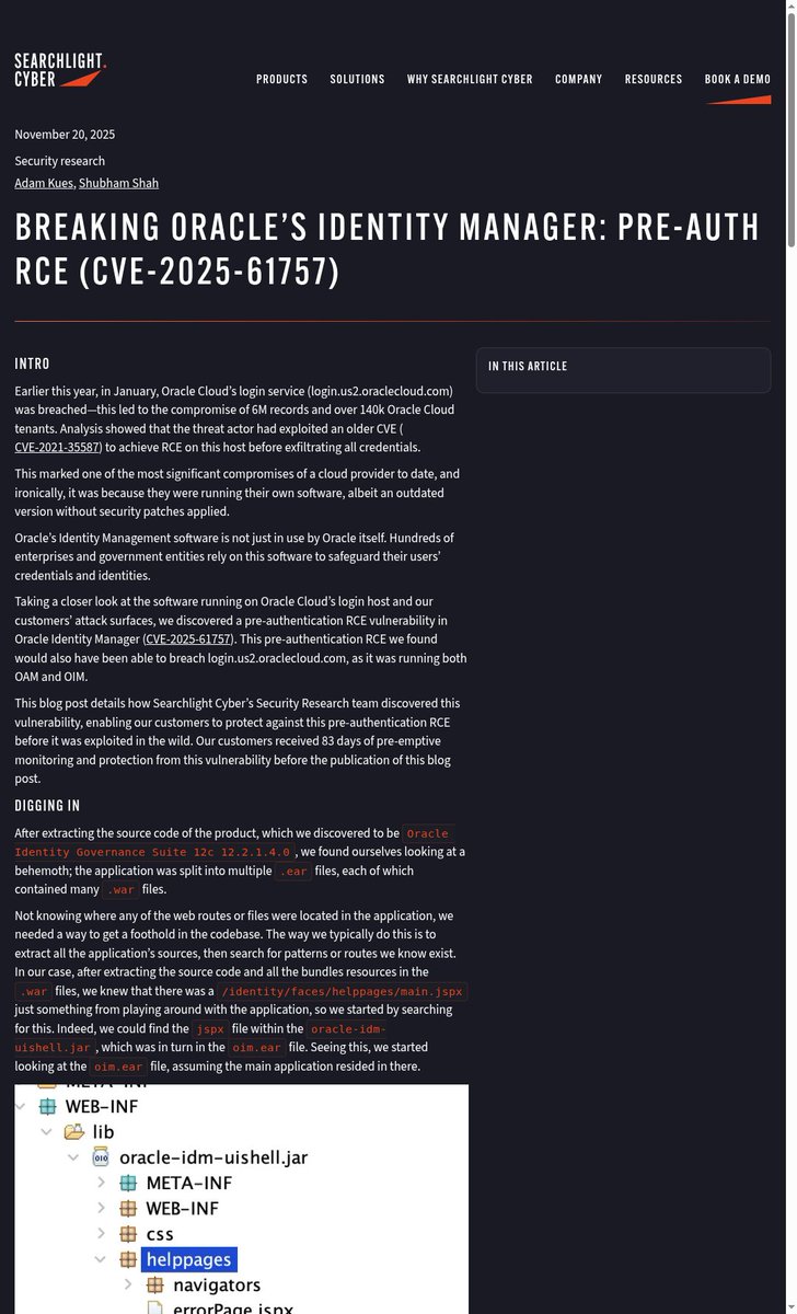 secharvesterx's tweet image. Breaking Oracle’s Identity Manager: Pre-Auth RCE (CVE-2025-61757)
slcyber.io/research-cente…