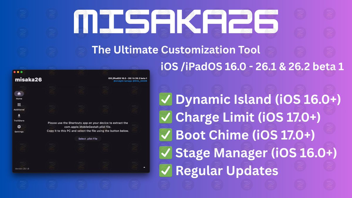 ZeeJailbreak's tweet image. misaka26 v1.6 is now available.   
- Added warning message for TrollPad. 
- 日本語サポート

Download Now : 
zeejb.com/misaka26/

By @straight_tamago 

#Misaka26 #iOS #Customization #Tool #iOS26