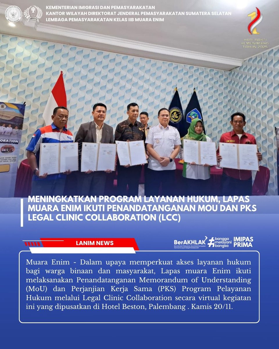 LPMuaraEnim's tweet photo. Meningkatkan Program Layanan Hukum, Lapas Muara Enim Ikuti Penandatanganan MoU dan PKS Legal Clinic Collaboration (LCC)
@kemenimipas
@ditjenpas
@LPMuaraEnim
@rbkunwas
#LapasMuaraEnim
#lapasmuaraenim
#kemenimipas
#infoimipas
#guardandguide
#Pemasyarakatan
#ASNBerAKHLAK
#ditjenpas https://t.co/7Ofv4xQKnN