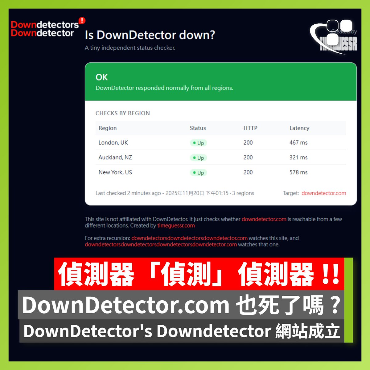 這是什麼玩法 ..... 😂😂😂

Downdetector
downdetector.com

Downdetector's Downdetector
downdetectorsdowndetector.com

Downdetector's Downdetector's Downdetector
…etectorsdowndetectorsdowndetector.com

Downdetector's Downdetector's Downdetector's Downdetector
…etectorsdowndetectorsdowndetector.com