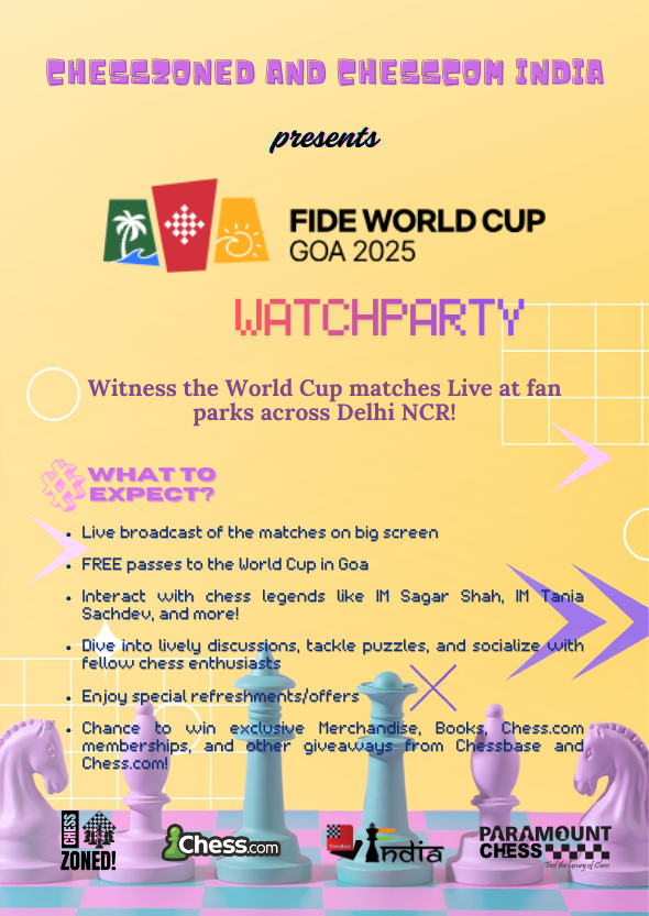 chesszoned's tweet image. The #FIDEWorldCup2025 fever is ON! 🔥

Chesszoned, @chesscom_in, and @ChessbaseIndia are ecstatic to announce that we&apos;re bringing multiple Official FIDE World Cup 2025 Fan Parks across Delhi NCR! 🏆🌏

STAY TUNED! Your first Fan Park location reveal is coming NEXT!