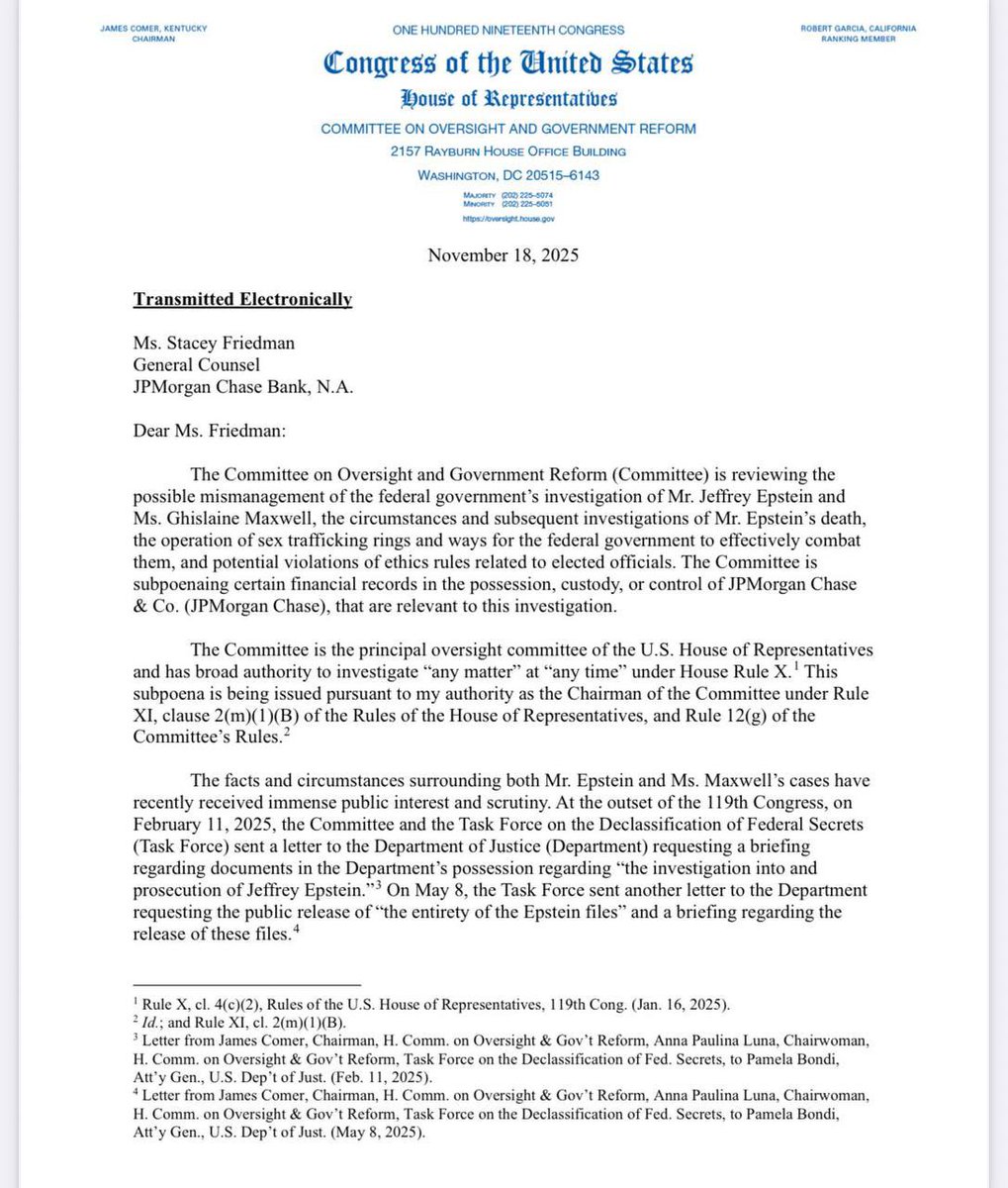 The House Oversight Committee has subpoenaed J.P. Morgan and Deutsche Bank for Jeffrey Epstein's financial records.