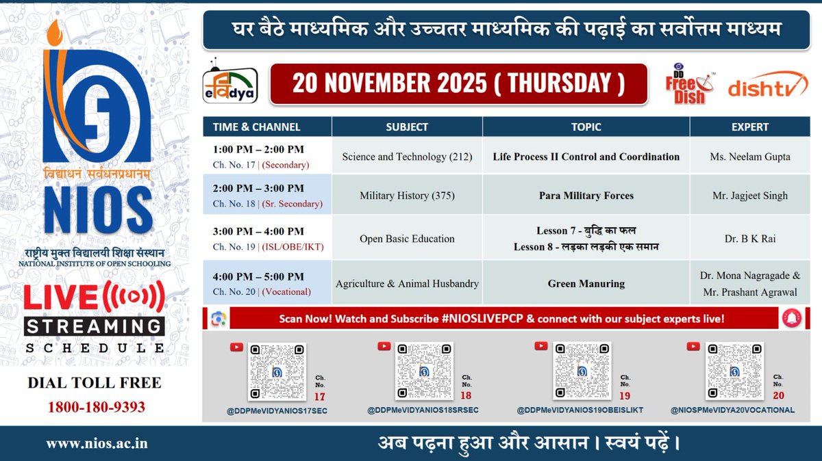 niostwit's tweet image. 🎓 #NIOS LIVE PCP | 20 Nov 2025 (Thu)

🧬 Science &amp;amp; Technology
🎖️ Military History
📘 Open Basic Education
🌱 Agriculture &amp;amp; Animal Husbandry

📺 Watch on DD Free Dish Ch. 17–20
#NIOSLIVEPCP #DigitalLearning #EducationForAll
