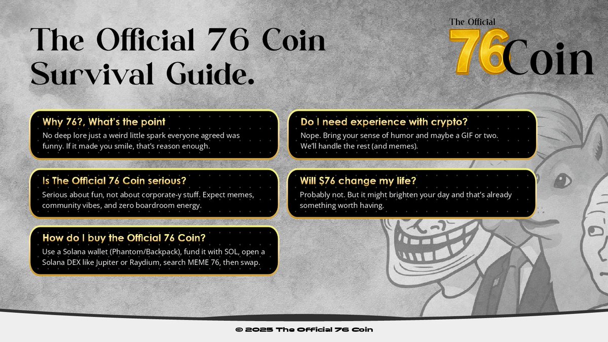 official_76coin's tweet photo. The Official 76 Coin Survival Guide is here.
#76 #solana #memecoin #Web3 #Crypto #76Launch #76IsComing #76OnTheWay #solana #pumpfun #Dexscreener https://t.co/v1iFN1oSg1