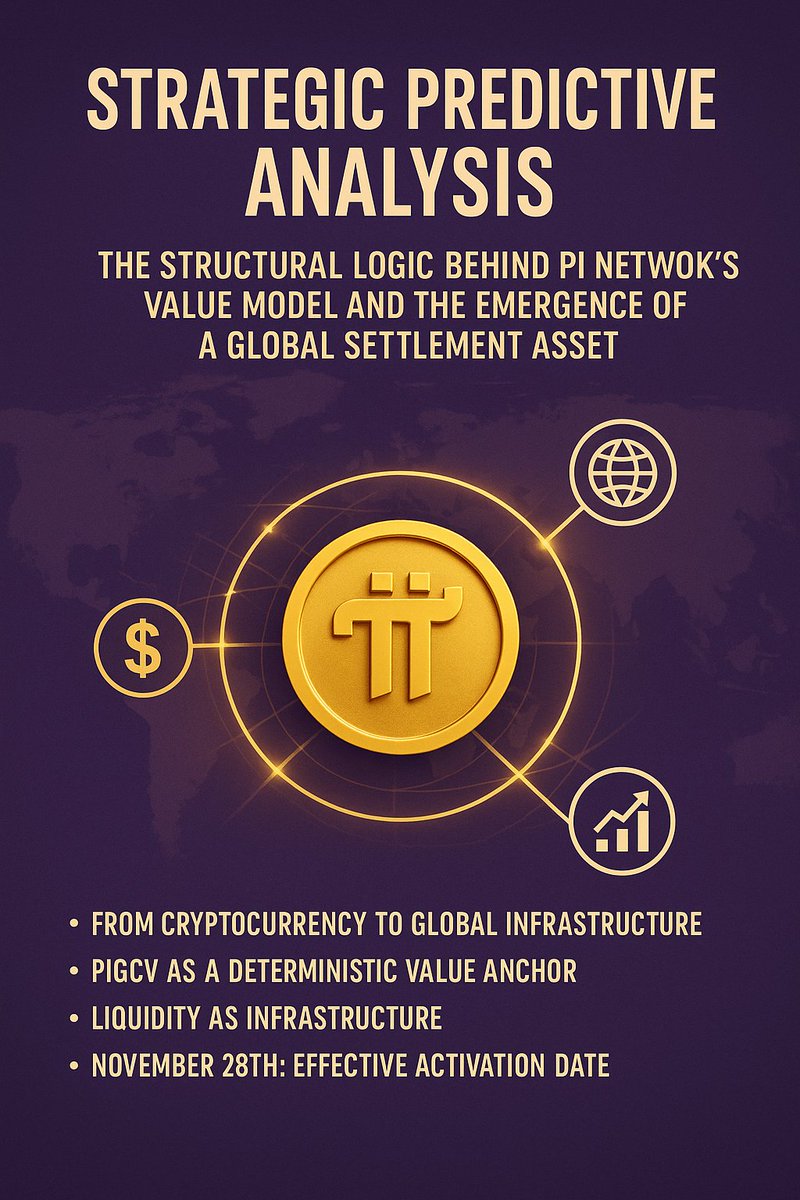 applekhankorea's tweet photo. Strategic Predictive Analysis :::
The Structural Logic Behind Pi Network’s Value Model and the Emergence of a Global Settlement Asset

[[[ From Cryptocurrency to Global Infrastructure: The Pi Paradigm Shift ]]]
[[[ PIGCV as a Deterministic Value Anchor in a Post-Volatility Economy ]]]
[[[ Liquidity as Infrastructure: Why Pi’s Supply Design Signals Institutional Adoption ]]]
[[[ November 28th: The Activation Point of a Pre-Negotiated Global Value Contract ]]]
[[[ This article includes Predictive & Technical Analysis  and may differ from actual outcomes ]]]

1. Introduction:

Pi’s Value is Not Market-Driven—It Is Institutionally Negotiated**

Pi Network does not behave like a typical cryptocurrency.
Its architecture combines:

* global identity (KYC/KYB),
* a settlement-grade Layer-1 blockchain,
* a universal app platform,
* compliance-native smart contracts,
* AML/CFT frameworks,
* ISO 20022 financial messaging, and
* a dual-value monetary system (PiUSD & PIGCV).

This makes Pi less comparable to volatile speculative tokens and closer to a **global operating system for economic activity**.

Therefore, Pi’s value is **not discovered by market speculation** but rather **established through institutional consensus**.

---

2. Pi’s Potential Value: A System With Theoretical Infinite Upside**

The Pi economic engine incorporates:

* global identity rails,
* payment processing,
* developer ecosystems,
* autonomous financial networks (Pi-Nexus),
* DAO-based production and labor systems,
* cross-border commercial settlement, and
* a fully integrated compliance stack.

This is the blueprint of a **world-scale financial OS**—not a token with limited utility.

Thus, Pi’s intrinsic value is theoretically **unbounded (∞)**, because its value grows with:

* global userbase expansion,
* app economy scaling,
* enterprise adoption,
* institutional integration,
* and global economic throughput.

Against this backdrop, **PIGCV = 314,159 USD** is not high—it is surprisingly conservative.

---

3. PIGCV 314,159 USD Is Not a “Price”—It Is a Financial Constant**

PIGCV does not function like a market exchange rate.
It is a **deterministic accounting constant** used for:

* international settlement,
* valuation anchoring,
* institutional risk modeling,
* app-level pricing logic,
* and PiUSD creation & redemptions.

Institutions demand:

* non-volatile values,
* predictable settlement units,
* fixed accounting anchors,
* and regulatory clarity.

PIGCV satisfies all of these.
It is not meant to reflect speculative value—it is meant to **enable global economic computation**.

---

4. Why Pi’s Total Supply (100B) Is Not Dilution but Liquidity Infrastructure**

Traditional crypto economics interpret token supply as dilution.
This framework does NOT apply to Pi.

Pi’s 100 billion total supply exists because global-scale settlement requires:

* massive liquidity pools,
* deep transaction throughput,
* multi-layer app tokenization,
* DAO treasuries,
* staking,
* reward systems,
* and commercial settlement volumes.

If supply were small (e.g., 10 billion), then:

* each Pi would be impractically expensive,
* micro-settlement would collapse,
* PiUSD generation would break,
* and global liquidity would freeze.

Thus:

### **Supply = Infrastructure.

Value = Utility.
Price = Exchange Function.**

Pi breaks the outdated crypto principle where “more supply = less value.”
In Pi’s model, supply is analogous to **bandwidth** or **memory**, not dilution.

---

5. Evidence of Pre-Agreed Valuation:

The Pi-Nexus README and Its Global Institutional Footprint**

The Pi-Nexus Autonomous Banking Network README references:

* major crypto infrastructure chains,
* global payment platforms,
* compliance & AML providers,
* identity verification entities,
* major exchanges,
* distributed compute networks,
* cloud hyperscalers,
* and international tech-finance alliances.

These organizations do *not* collaborate with assets of uncertain value.

Institutions require:

* deterministic valuation frameworks,
* regulatory compliance,
* confirmed AML/KYC positions,
* ISO compatibility,
* and predictable economic logic.

Their presence in Pi-Nexus documentation strongly implies:

### **Pi’s value model (including PIGCV) was discussed, evaluated, stress-tested, and effectively accepted at an institutional level long before public disclosure.**

This is reinforced by the fact that Pi released a **Confidential MiCA Whitepaper**, the type of document typically prepared only after regulatory and institutional coordination.

---

6. Why November 28 Matters:

The Likely “Effective Date” of a Global Value Contract**

Pi Core Team did not randomly choose November 28.

The date aligns with:

* MiCA compliance windows,
* ISO 20022 financial messaging updates,
* Q4 banking system integration schedules,
* exchange compliance onboarding cycles,
* and the operational activation timeline for settlement systems.

For global institutions, value cannot remain “undetermined.”

They require:

* fixed settlement values,
* legally recognized constants,
* internally cleared accounting models,
* and activation dates.

Thus:

=>>  November 28 is likely the first day when institutional partners can legally, technically, and operationally activate Pi’s value contract.

It is not the day Pi “becomes valuable”—
it is the day **the pre-negotiated valuation becomes active**.

---

--------------------------
7. Final Conclusions
--------------------------
1) Pi’s intrinsic value is theoretically infinite**, because it operates as a global economic OS, not a commodity token.

2) PIGCV (314,159 USD) is not a market price** but a stable institutional accounting anchor.

3) The 100B supply is not dilution**—it is the liquidity infrastructure required for global settlement.

4) The Pi-Nexus README’s institutional participants signal that

Pi’s valuation model was pre-negotiated, not speculative.**

5) The release of a “Confidential” MiCA whitepaper suggests

regulatory clearance was effectively completed before disclosure.**

6) November 28 is best interpreted as

the “effective activation date” of Pi’s global value contract.**