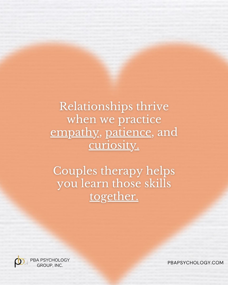 PBAPsychology's tweet image. Relationships grow stronger when both people feel seen, heard, and understood.

#PBAPsychology #HealthyRelationships #CouplesTherapy #RelationshipWellness #EmotionalConnection #PatienceAndEmpathy #StayCurious #RelationshipTools #TherapyForEveryone #MentalHealthMatters
