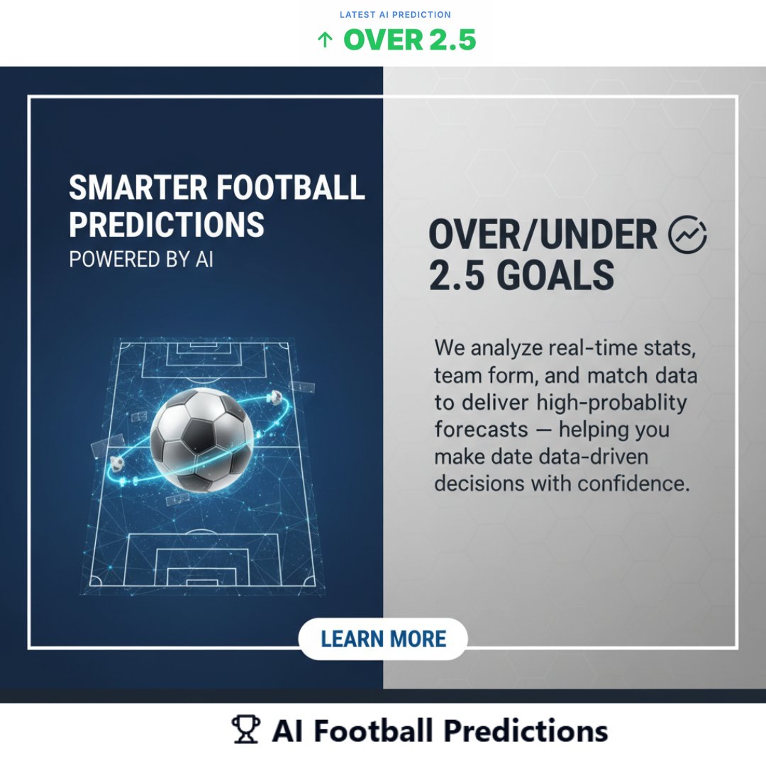 AiFootball_Pred's tweet photo. Smarter football predictions powered by AI. We analyze real-time stats, team form, and match data to deliver high-probability forecasts for the Over/Under 2.5 goals market — helping you make data-driven decisions with confidence. #aifootballpredictions #AIGoalGPT https://t.co/vC6i4kCmRS