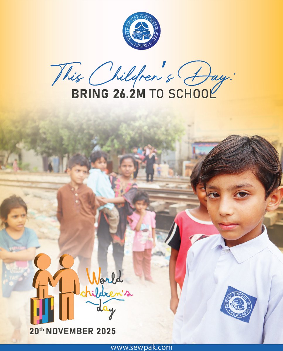 BaithakSchools's tweet photo. This Children’s Day, rewrite the future of Pakistan’s 26.2M out-of-school children. Books can replace burdens, pencils can erase hopelessness. Sponsor a child for Rs.1200/month and bring a dream to school. 
#WorldChildrensDay #SponsorAChild #EducationForAll #BaithakSchoolNetwork https://t.co/8TFxDicfew
