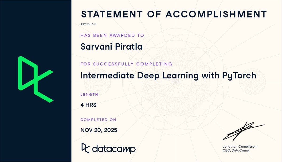 sphavisha's tweet image. In the course, Intermediate Deep Learning with PyTorch 

at #DataCamp, I learnt to build CNNs for images, RNNs/LSTMs/GRUs for sequences, handle multi-input/output models, and master robust training techniques from data augmentation to loss weighting. 

#SPReboot 21/n