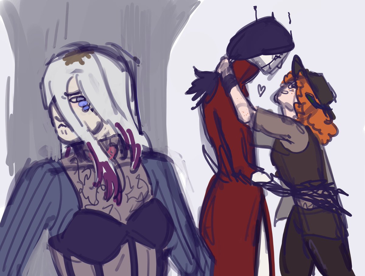 m0ss_dr4ws's tweet photo. that awkward moment when you follow your gf into hell and find out she has a new gf #witchcrow #dbdfanart (it's okay though it ends in polyamory) https://t.co/jVEJJhQ7TS