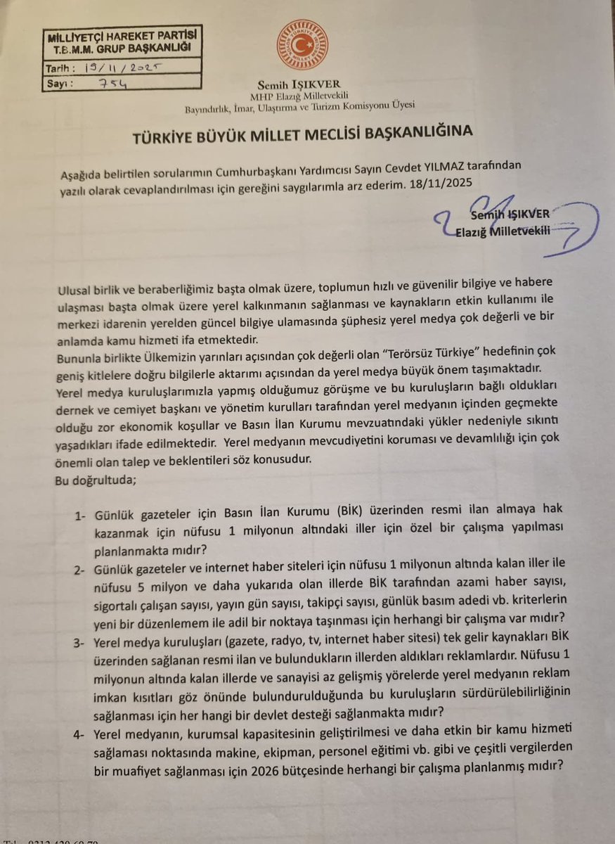 Yerel basın kuruluşlarının yaşamış oldukları sorunların giderilmesine ilişkin Cumhurbaşkanı Yardımcısı Sn.Cevdet Yılmaz tarafından cevaplanması amacıyla TBMM’ye sunduğumuz soru önergemiz.. 

Güçlü şehir olabilmek için yerel basını güçlü kılmamız gerekiyor..

#Elazığ
#Türkiye