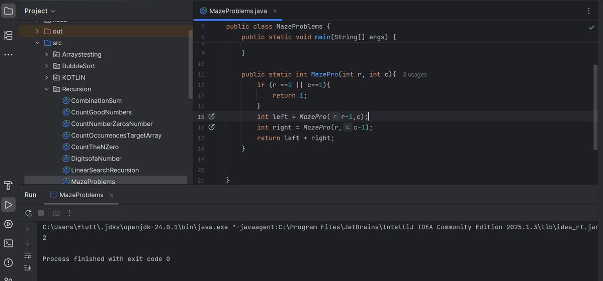 ReyedgeM's tweet image. Just learned the classic maze problem using recursion—and solved it! 🧩🔥

Crazy how a few lines of code can explore all possible paths. Feeling like recursion finally clicked 😄

#coding #DSA #recursion #Java #100DaysofCode