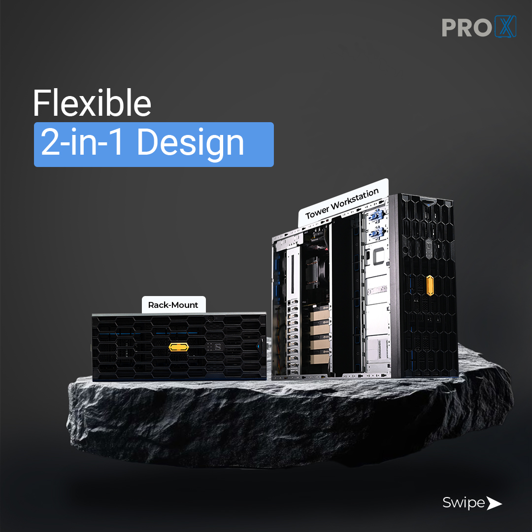 prox_pc's tweet image. Every detail of the Pro Maestro GQ has purpose.

A true 2-in-1 server you can use as a workstation or rack-mount on demand.

Redundant power for uptime.

High-airflow cooling for heavy AI &amp;amp; rendering.

👉 proxpc.com/servers/pro-ma…

#ProXPC #4GPUServer #AIserver #MadeInIndia