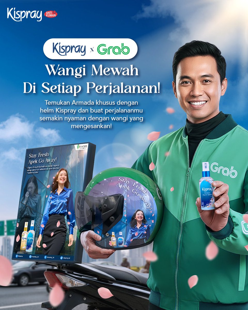 GrabBike x Kispray Spray &amp; Go hadir jadi solusi wangi di tiap perjalanan. Ketemu driver yang bawa Kispray? Langsung foto/video, upload ke IG Story, dan tag <a href="/Kispray_id/">Kispray Anti Kuman</a> &amp; <a href="/GrabID/">Grab Indonesia</a>!

#Kispray #KispraySprayAndGo #Grab #GrabxKispray #WangiMewahDiSetiapKesempatan