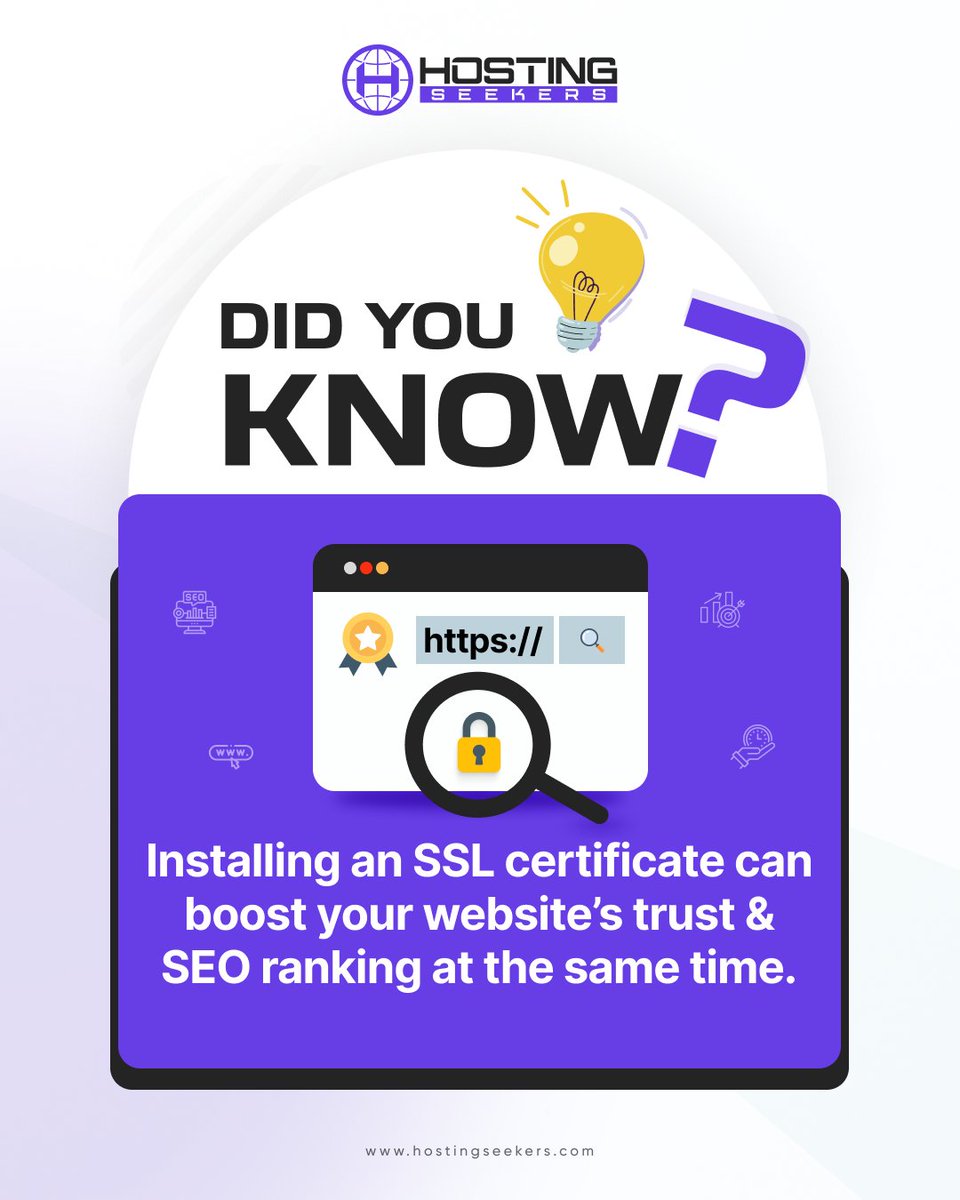 Hostingseekers1's tweet image. 💡 Did You Know?

An SSL certificate can instantly increase your website’s trust and improve your SEO ranking at the same time.

A secure website attracts more visitors builds more confidence and keeps your data protected.
.
.
#hostingseekers #SSL #websecurity #dataprotection