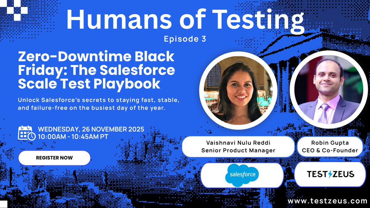 TestZeusAI's tweet image. This time, we’re diving into one of the most high-stakes engineering &amp;amp; testing challenges of the year: The #BlackFriday Sale.

Register now and save your spot!
linkedin.com/events/7396857…

@salesforce #Zerodowntime #ScaleTest #AITesting #TestingAutomation #HumansofTesting #QA #AIQA