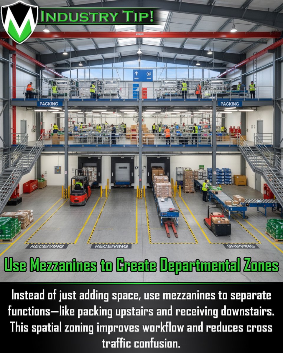 _Murriers's tweet image. Double your space, double your efficiency! 🏗️✨Use mezzanine flooring to create departmental zones – packing upstairs, receiving downstairs. Less traffic chaos, more productivity! murriers.co.za
#MezzanineMagic #WarehouseOptimization #SpaceSavingSolutions #Murriers