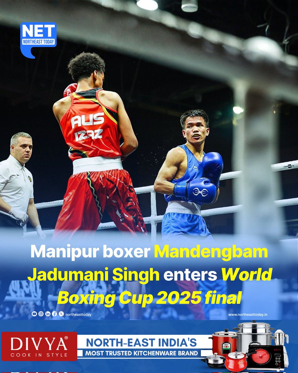 NortheastToday's tweet image. #NetSnippet | Mandengbam Jadumani Singh from Manipur secured a convincing 5-0 victory over Australia&apos;s Omer Izaz in the semi-finals of the World Boxing Cup Finals 2025 in the Men&apos;s 51kg category. With this win, he has advanced to the final, bringing pride to India and Manipur on…