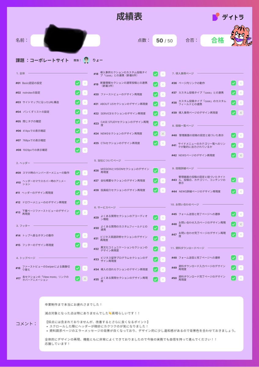 Image for the Tweet beginning: 卒業課題を無事合格しました
どんどん行動していくぞ

 #デイトラ #WEB制作デイトラ 