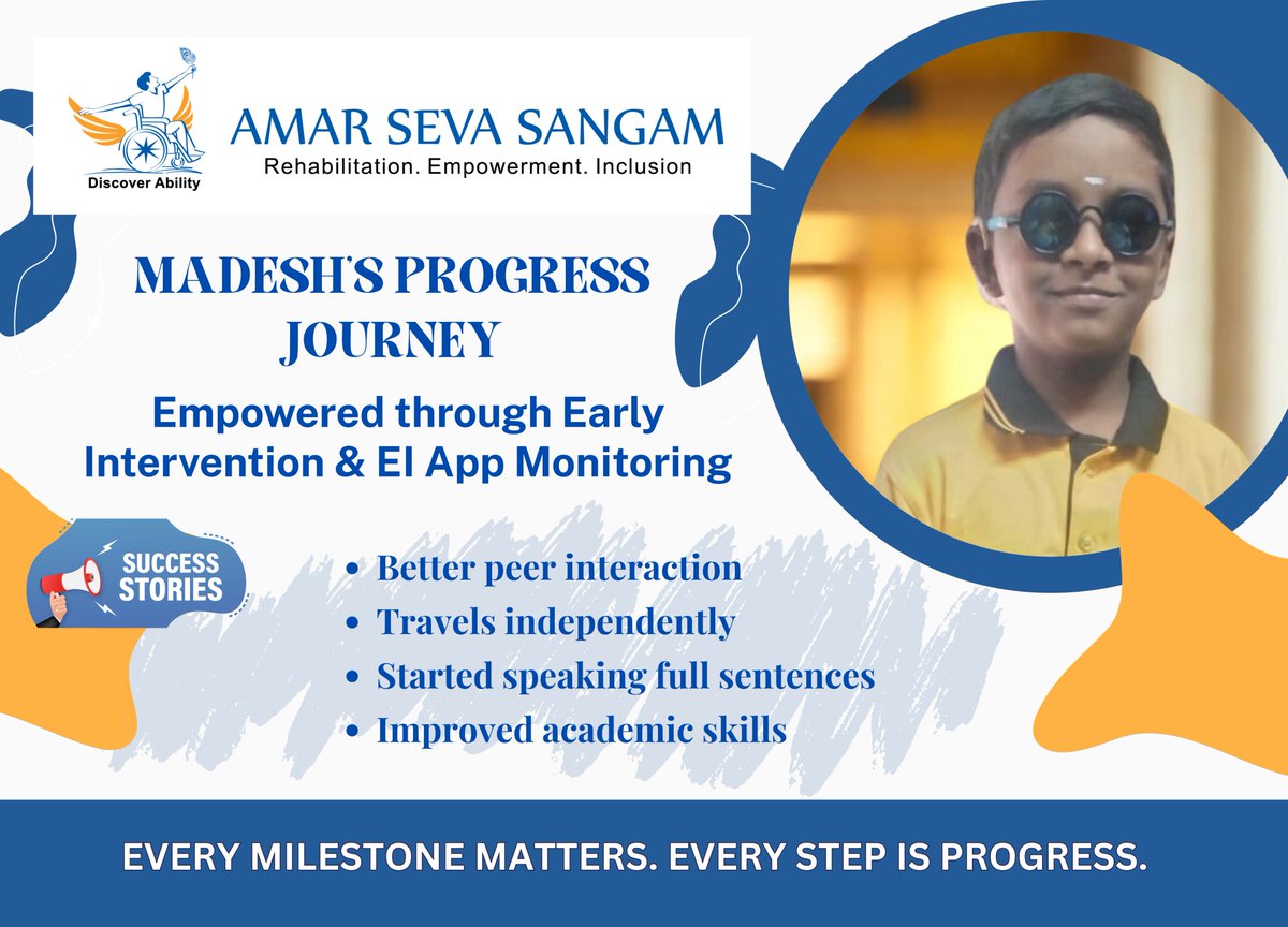 amarseva's tweet image. 🌟 From “Amma &amp;amp; Appa” to full sentences!
9-year-old Madesh has made remarkable progress with early intervention and the EI App—now solving sums, socializing confidently, and traveling home independently. 💛
#EarlyIntervention #EnablingInclusion #AmarSevaSangam