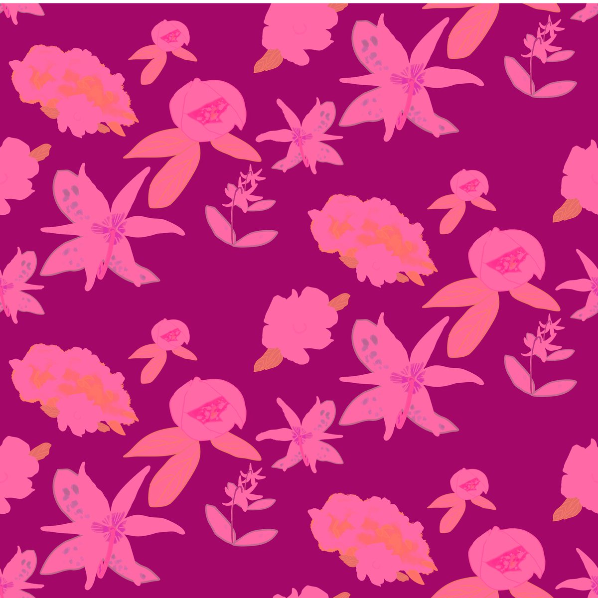 SaraGansArt's tweet image. I kind of like the silhouette look on this colourway ~ pink and fuchsia Heirloom Floral #pattern #surfacepattern #surfacepatterndesign ❤️💜🩷🧡