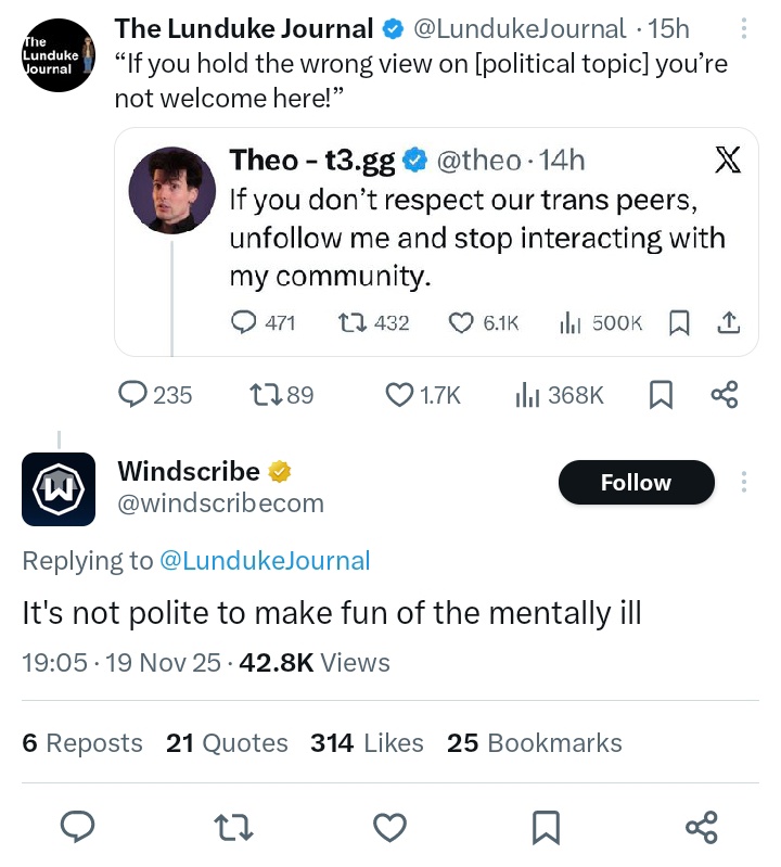 allan_walpy's tweet image. glad i never used them anyway

it seems, as trump second time got in office, the tech sector gradually becomes more fascistic

talking about freedom of speech, when theo buns someone, while under the lunduke post is truly 1984 - words redefined as they have been never before