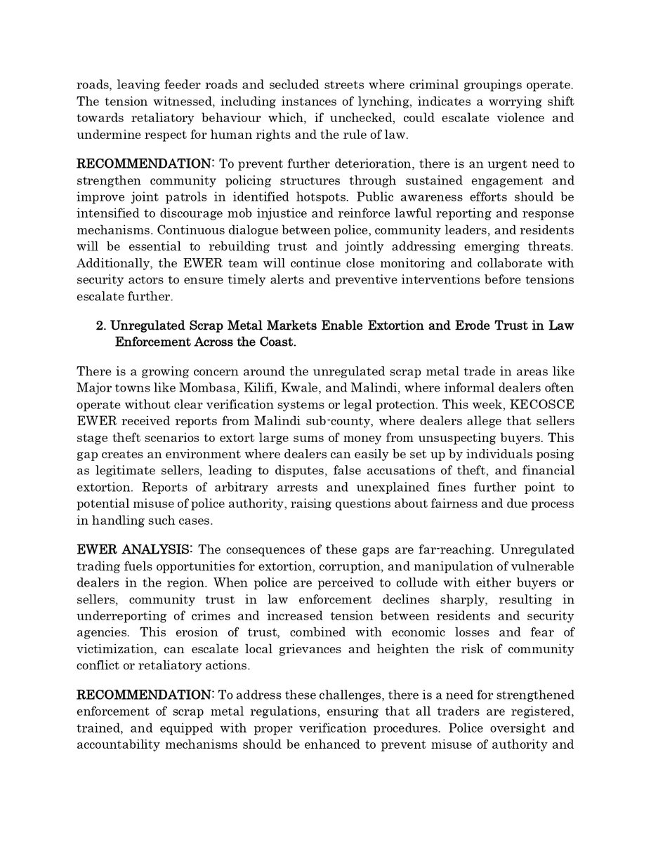 This week’s EWER brief indicates that the Coast’s complex conflict environment remains persistent, with Mombasa, Kilifi, Tana River &amp; Kwale registering medium to High risk levels.

🔴 Mombasa (High Risk): rising burglary, armed robberies, petty crime, ODM@20 political tensions,
