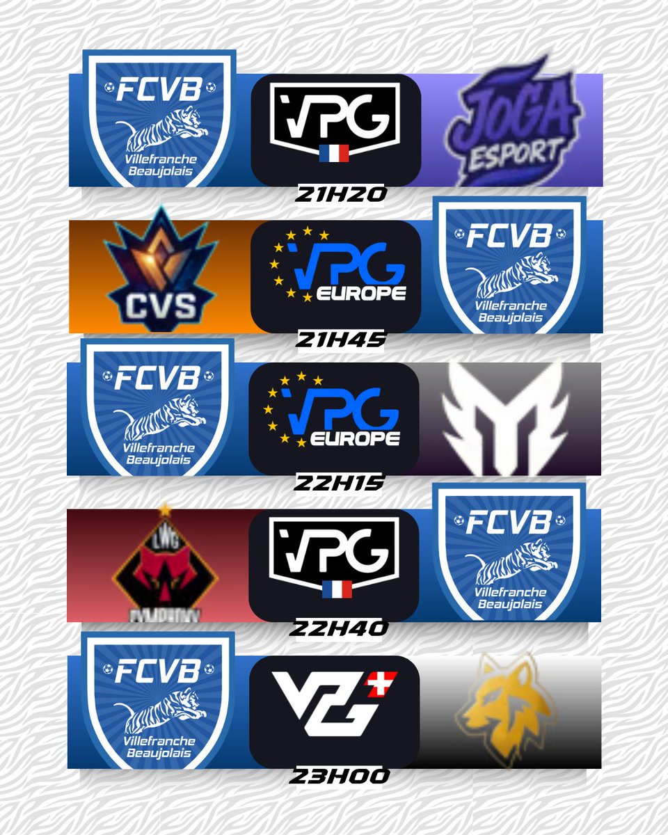FCVB_eSport_CP's tweet image. Cinq matchs de compétition ce soir !

🇫🇷🆚 @JoGaEsport_ 
🇪🇺🆚 Cavaliers
🇪🇺🆚 Monta Club
🇫🇷🆚 @SymphonyProClub 
🇨🇭🆚 @WolfrealEsports