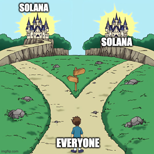 모두가 갈림길에서 Solana를 선택하는 것을 묘사한 밈