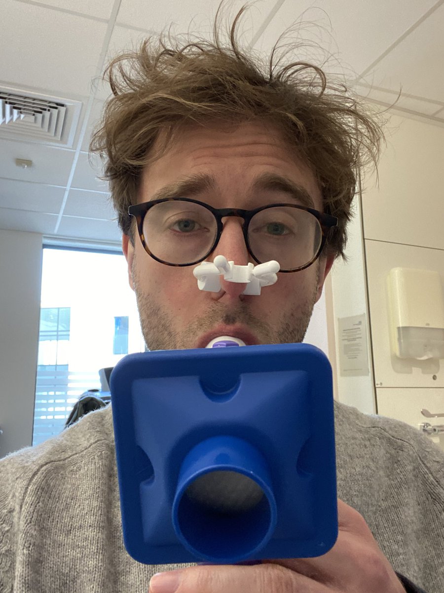 Chazingdra's tweet image. A mainstay of any CF health check-up is the lung function test! I have to blow out as hard and fast as I can into this mouthpiece and it gets a picture of my lung health and capacity. I do star jumps etc between blows and the nose peg is so no air escapes there!