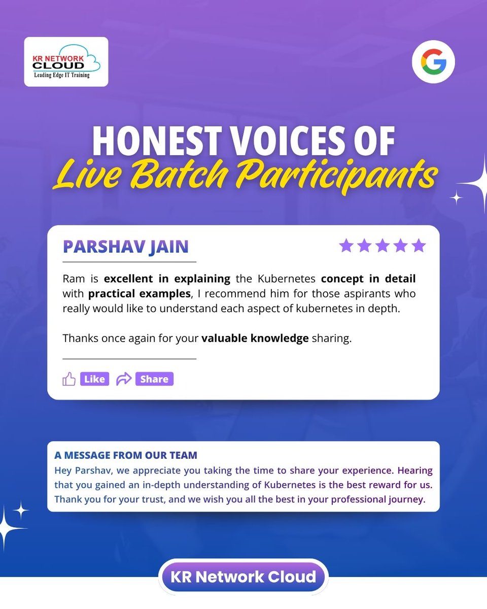 KRNetworkCloud1's tweet image. Thank you, Parshav, for sharing your experience with our Docker &amp;amp; Kubernetes training.

We appreciate you taking the time to acknowledge the effort put into the sessions. Our goal is always to bridge the gap between documentation &amp;amp; deployment.

#kubernetes #cloudnative #devops