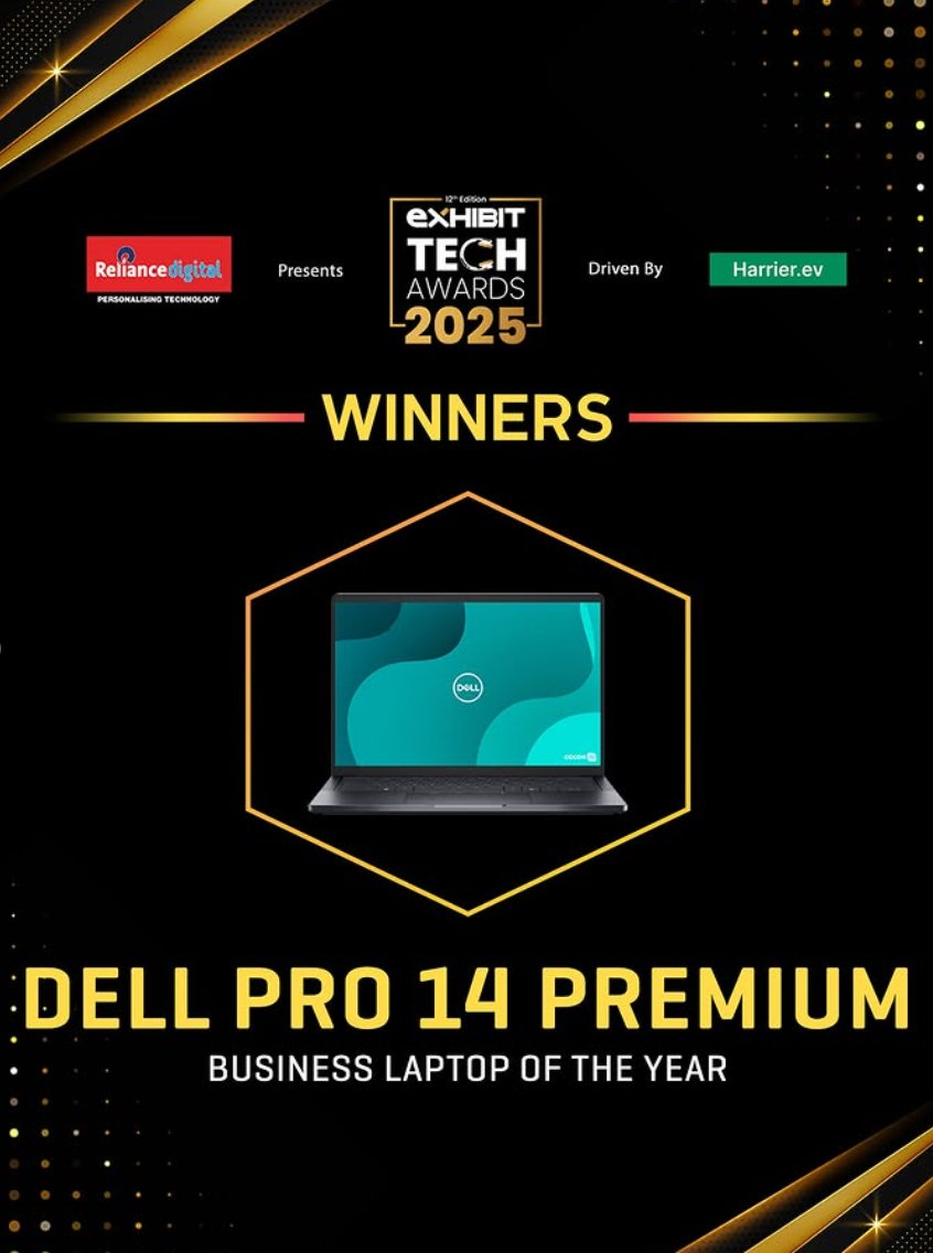 Dell_IN's tweet image. We are honored that the Dell Pro 14 Premium has been named ‘Business Laptop of the Year’ at The Exhibit Tech Awards 2025! 

This recognition fuels our mission to deliver solutions that meet the evolving needs of modern business. 

#DellTechnologies #TechAwards #BusinessLaptop