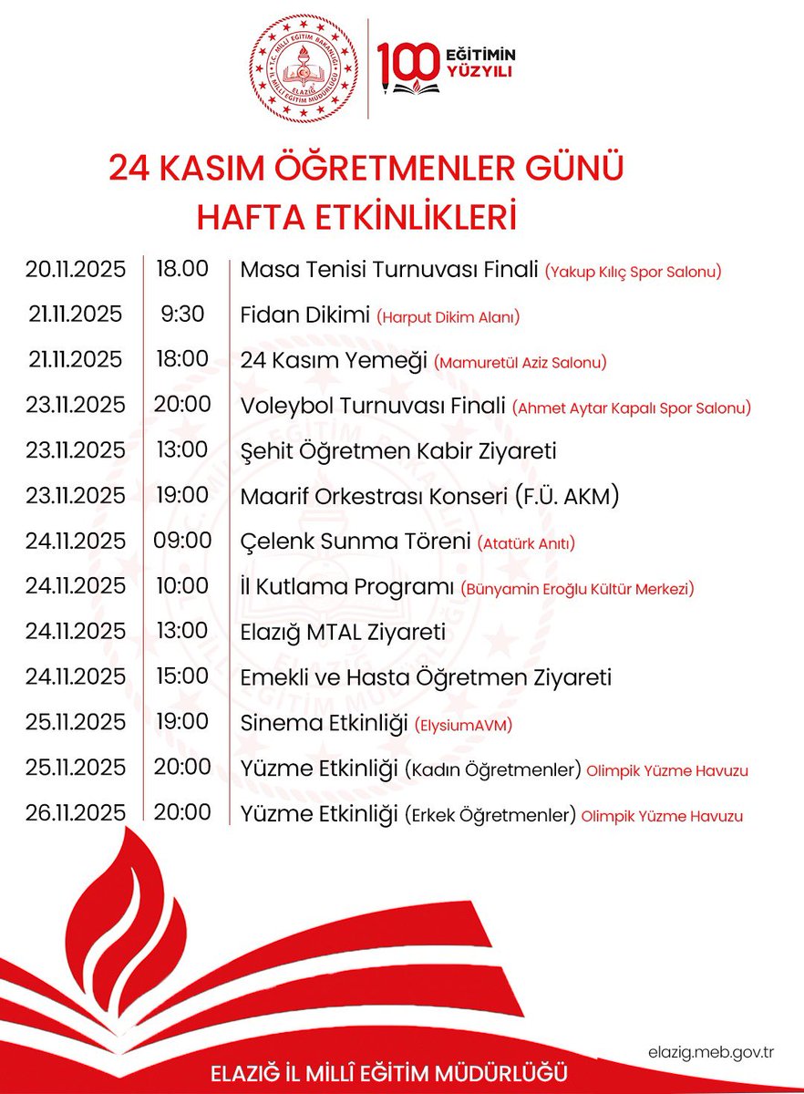 📍24 Kasım Öğretmenler Günü Kutlamaları Tüm Haftaya Yayıldı🇹🇷🧑‍🏫👩‍🏫
24 Kasım Öğretmenler Günü kutlamaları müdürlüğümüz hazırladığı bir çok etkinlikle hafta boyunca devam edecek. Öğretmenlerimizin katılacağı çeşitli sportif ve sanatsal etkinlikler, 100. Yıl Eğitim Alanı Fidan