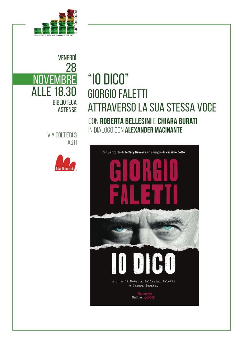 🗓️ Venerdì 28 novembre alle 18.30 
📍 Biblioteca Astense 
❣️ presentazione di Io dico, una raccolta di citazioni, anche inedite, tratte dai lavori più significativi di Giorgio Faletti.
Ingresso libero fino a esaurimento posti.