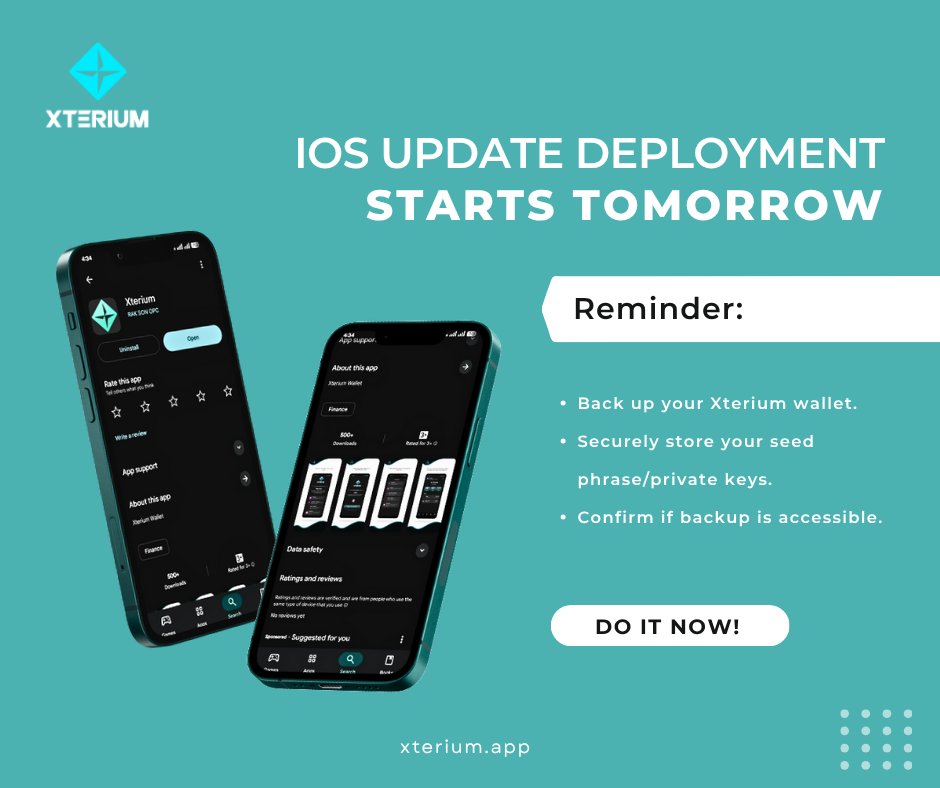 XodeNet's tweet image. 🚀 Heads Up, Xterium Wallet iOS Users!

Deployment for iOS V2 starts tomorrow!

🛡️ Security Reminder: Before any update, always back up your seed phrase to keep your wallet and funds fully protected.

🎥 Stay tuned, we’re releasing a step-by-step guide on How to Back Up Your Seed…