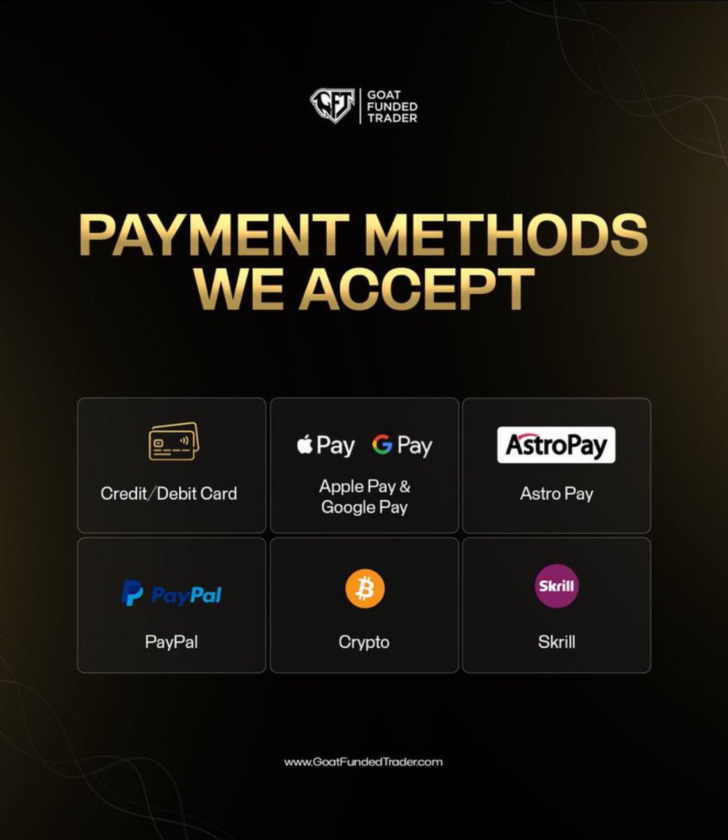 Trading with <a href="/goat_funded/">Goat Funded Trader</a>  just got even easier 💳🔥

GFT now accepts:
• Credit/Debit Cards
• Apple Pay / Google Pay
• PayPal
• Crypto
• Skrill
• Astro Pay
More payment options → More flexibility → Faster funding.
Upgrade your trading journey today. 🚀