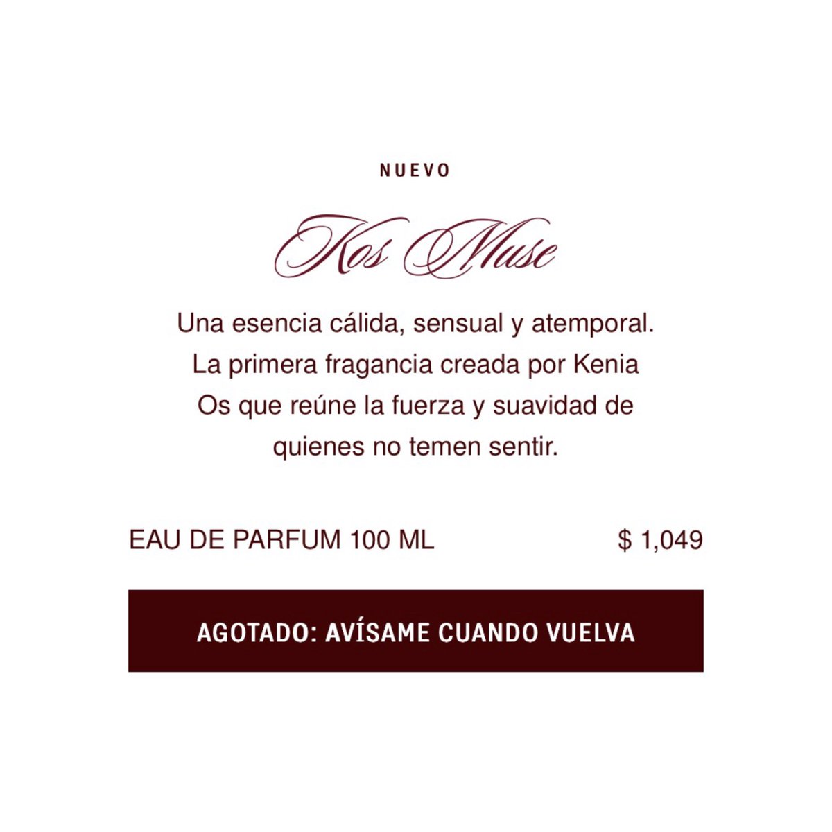 En 20 minutos, el perfume “K Os Muse” de K Os Essence by <a href="/keniaos/">NINI</a> se agotó en la web.