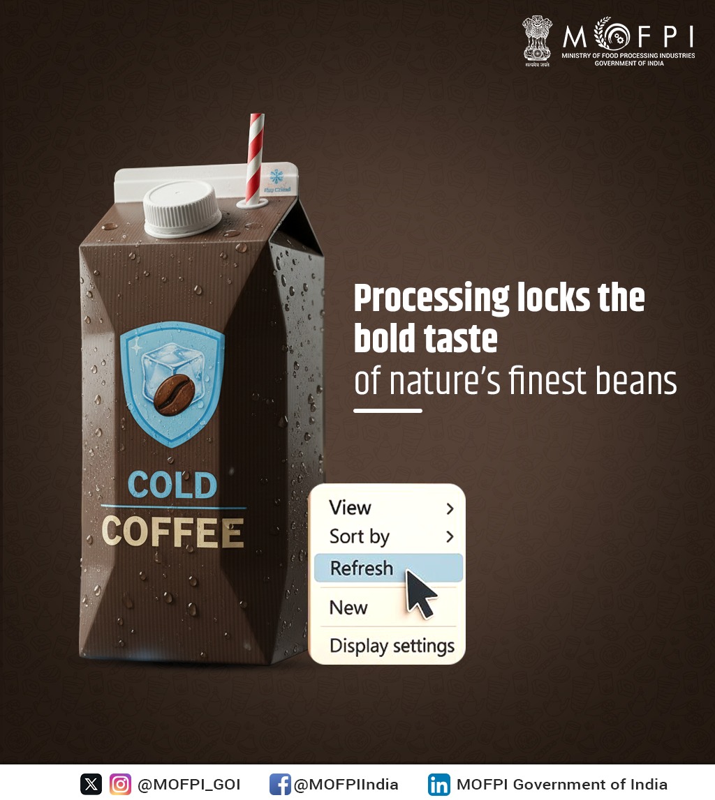 MOFPI_GOI's tweet image. Processing locks in the bold taste of nature’s finest coffee beans. ☕
It ensures every sip stays fresh, flavourful &amp;amp; safe — from farm to pack.

The Ministry continues to promote the availability of safe, quality food for all.

#Refresh #FoodProcessing