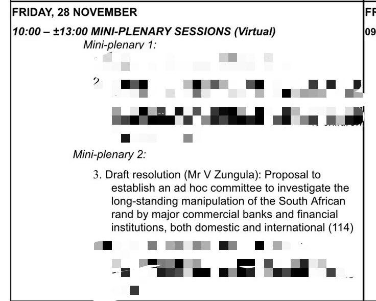 ZungulaVuyo's tweet photo. In response to the pain & struggles of millions of South Africans, we have submitted a resolution for an ad hoc committee to investigate the #RandManipulation that has stolen opportunities from the people. 

Your voices have been heard, and on 28 November this matter will be debated.