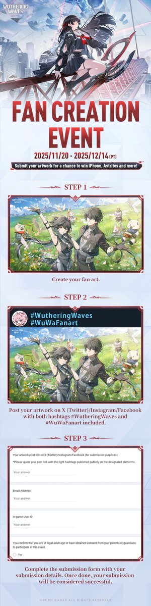 Dear Rovers,
Wuthering Waves Fan Creation Event "To the City Set in Amber" is now live! Post your work with hashtags #WutheringWaves and #WuWaFanart on X (Twitter)/Instagram/Facebook and fill out the form for a chance to win iPhone 17 Pro 512GB, Astrites and more!

Create your