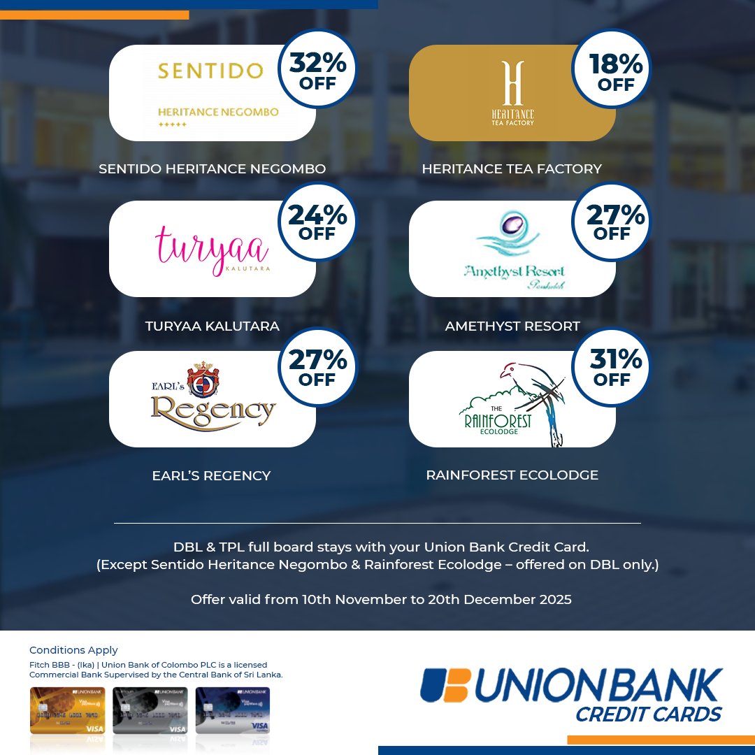 Enjoy a magical Christmas getaway with up to 32% off at Aitken Spence Hotels when you pay with your Union Bank Credit Card!

Call 0117 818 181 or visit bit.ly/3K3B2zV 

#UnionBankofColomboPlc #UnionBankSL